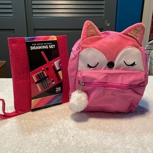Kid back pack. Pink, sequins ears, Pom Pom pull. And 28 piece Artist Drawing Set
